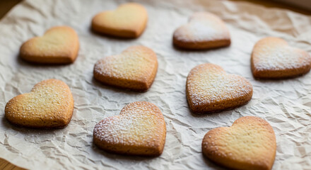 Heart-shaped sugar cookies arranged on crinkled parchment paper for a cozy, love-themed celebration