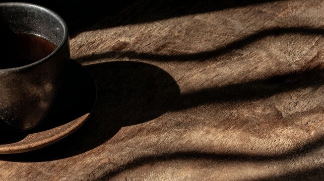 Coffee cup silhouette casting shadows on a textured wooden surface, creating a warm and inviting atmosphere with seamless loop of coffee cup silhouettes