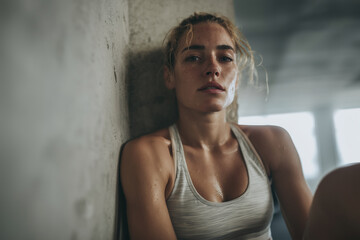 Tired female athlete resting after intense workout in moody gym environment
