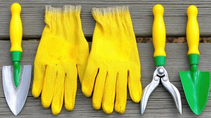 Bright gardening tools and gloves arranged on rustic wooden surface. Vibrant set symbolizing planting, pruning, outdoor maintenance, landscaping and home gardening activities
