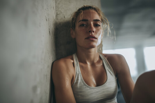 Tired female athlete resting after intense workout in moody gym environment
 - Powered by Adobe