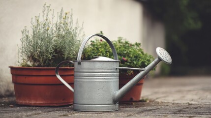 Classic galvanized watering can placed beside blooming potted plants. Calm garden atmosphere ideal for home gardening visuals