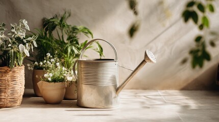 Metal watering can with indoor plants in warm sunlight. Natural textures, soft shadows and cozy styling highlight themes of home gardening and plant care