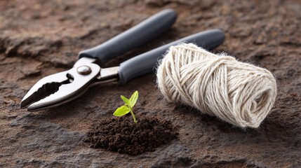 Small green seedling sprouting from soil beside metal pruners and roll of gardening twine. Close-up composition highlighting gardening tools and early plant growth