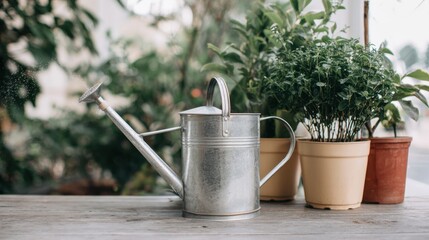 Watering can on wooden table with potted herbs in background. Subtle water spray in motion adds lively touch for gardening, growth and plant-care concepts