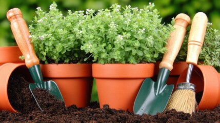 Terracotta pots with green plants and small gardening tools surrounded by rich soil. Fresh seedlings and hand tools arranged for planting and home horticulture activities