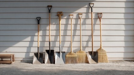 Long-handled shovels and brooms neatly arranged against alight wooden exterior wall. Clean outdoor workspace with simple shadows and natural light