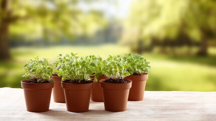 Seedlings in terracotta pots. 

Young green seedlings growing in terracotta pots on outdoor table. Fresh spring growth and garden atmosphere. Ideal for themes of planting and home gardening