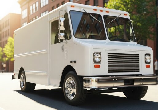 A clean white step van truck parked on a sunny urban street ready for delivery or mobile business operations