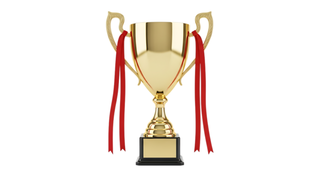 Trophy, shiny gold with red ribbons and blank plaque, isolated on white or transparent background. PNG - Powered by Adobe