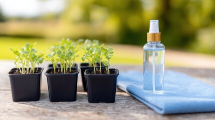 Seedlings with spray bottle

. Small seedlings in black pots arranged outdoors with clear spray bottle and cloth. Fresh growth, nurturing care and early plant development