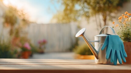 Metal watering can with blue gloves resting on wooden table in sunny garden. Warm light, flowers and greenery create calm outdoor plant-care atmosphere