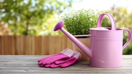 Pink watering can and matching gloves placed beside potted green plant on wooden table. Bright garden setting with soft sunlight and natural greenery