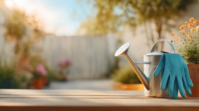 Metal watering can with blue gloves resting on wooden table in sunny garden. Warm light, flowers and greenery create calm outdoor plant-care atmosphere