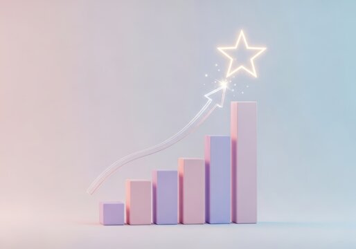 Ascending pastel bars representing growth and success with a glowing star balloon symbolizing achievement and dreams reaching new heights - Powered by Adobe