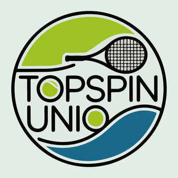 Topspin Unio tennis circle badge with racquet and flowing swoosh shapes in green and blue, contemporary club logo vector for court sport branding