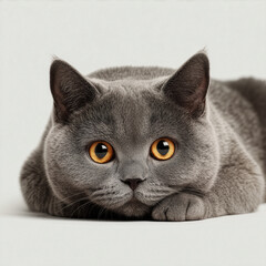 Grey British cat lying on white