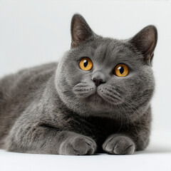 Grey British cat lying on white