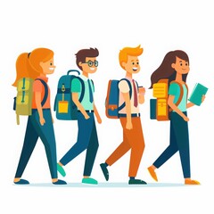Group of four diverse students walking with backpacks, showcasing a vibrant and youthful atmosphere.