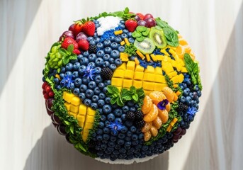 A vibrant edible earth sculpture crafted from fresh fruits and vegetables showcasing continents and oceans in a deliciously creative display