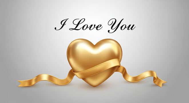 I love you text on a light background with a shiny golden heart, romantic and elegant design, perfect for love, Valentine Day, or wedding themes - Powered by Adobe