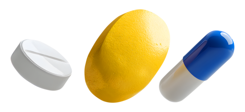 Floating Pills And Capsule Close Up medicine drugs isolated on a transparent background