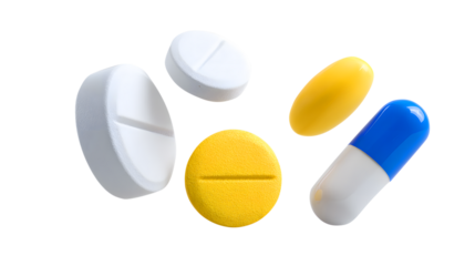 Various Pills And Capsule Floating medicine drugs isolated on a transparent background