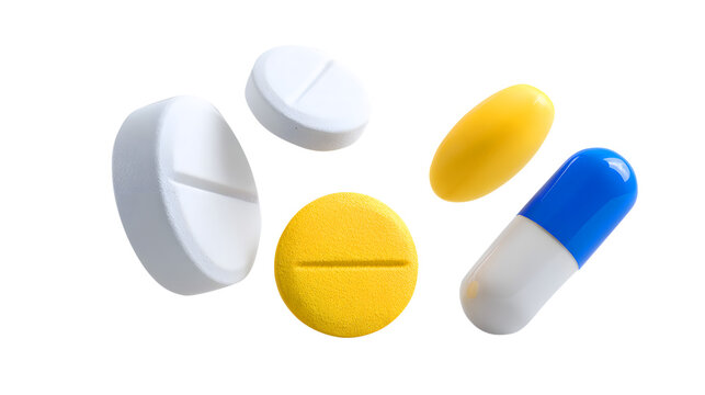 Various Pills And Capsule Floating medicine drugs isolated on a transparent background