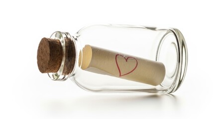 Glass bottle with rolled message and heart symbol on white background  