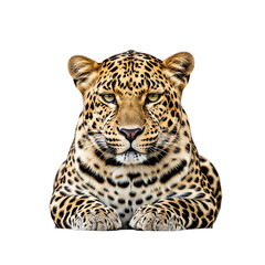 A close up portrait of a leopard with a black background looking directly at the camera with green eyes