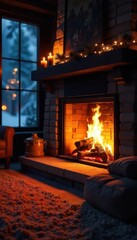 Warm, inviting glow of a fireplace radiating heat on a cold winter's night, creating a cozy and comfortable atmosphere perfect for relaxation , cozy, relaxation