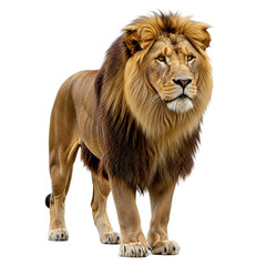 A full body portrait of a majestic lion with a thick mane standing against a black background