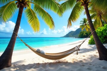 Fototapeta premium Relaxing hammock strung between palm trees on a pristine Hawaiian beach, turquoise water gently lapping the shore Perfect tropical getaway, ultimate relaxation, island paradise , sleep, clouds