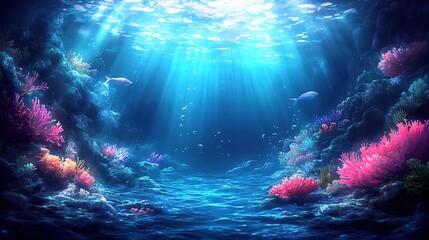 Sunbeams filter through the deep blue ocean, illuminating a vibrant coral reef teeming with life.