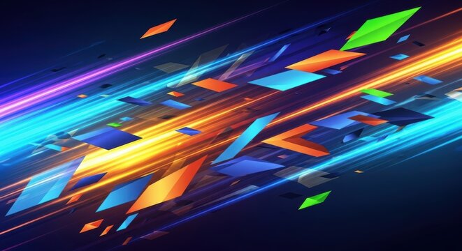 Dynamic glowing geometric shapes create a vibrant modern background, perfect for technology, innovation, and dynamic energy concepts for presentations and web design