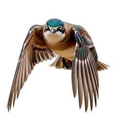 A colorful swallow bird with green head flying directly toward the camera with wings spread wide open