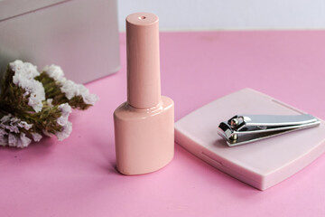 Pink nail polish bottle and metal nail clipper with dried flowers, representing a minimal beauty routine for self care, manicure, and personal wellness at home