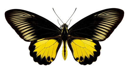 A vibrant butterfly with black and yellow wings spread open against a stark black background shows detail