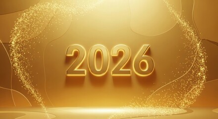 Celebrate 2026 with a dazzling gold design perfect for New Year promotions and festive event announcements with shimmering golden particles