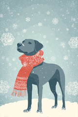 Gray dog wearing a patterned red scarf standing in falling snow against a soft winter background
