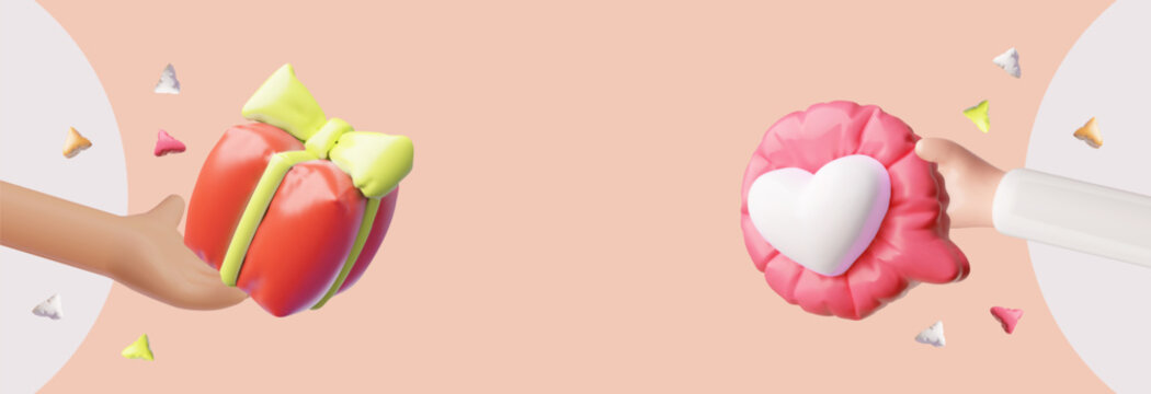 3D hands holding a gift box and a heart in a speech bubble, sharing, social media.