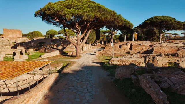 The decumanus maximus in Ostia Antica, the old port of Rome, Lazio, Italy, dating back to the 7th century BC