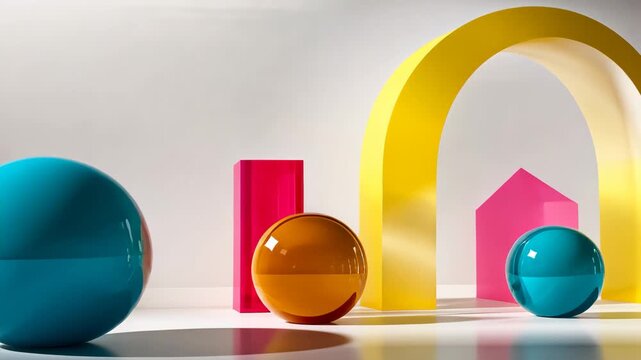Colorful geometric shapes in motion: spheres and arches dynamic interaction