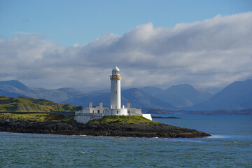 Lismore Lighthouse on Eilean Musdile in Scotland. It is a lighthouse on a small islet in the south west of Lismore island.	