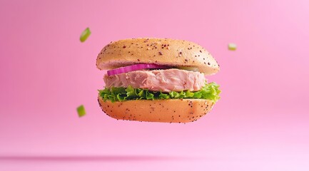 Fresh Tuna Sandwich Floating with Ingredients on Pink Background, Ai Generated