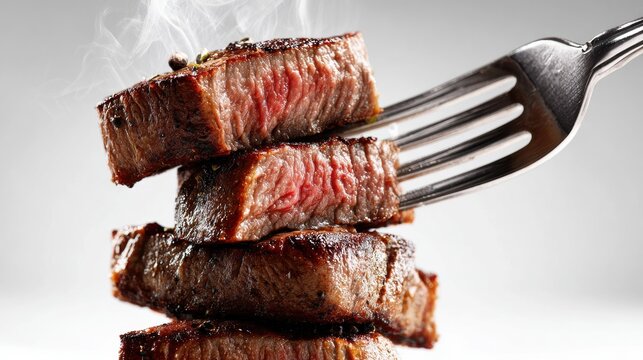 Steaming grilled beef steak slices stacked on a fork