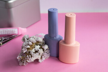 Two pastel colored nail polish bottles stand next to dried flowers on a vibrant pink surface, embodying themes of beauty, self care, and manicure essentials