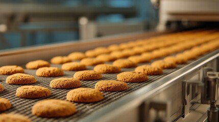 Fototapeta premium Modern industrial bakery with trays of cookies on a conveyor — high-tech production