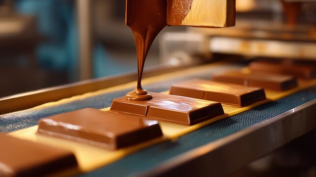 Chocolate bars being produced &mdash; molten chocolate flowing into molds in factory
