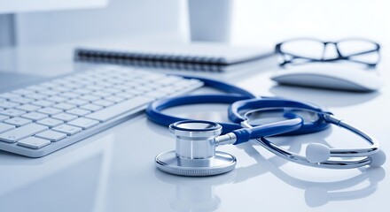 Stethoscope on modern doctor's desk with keyboard, mouse, and glasses, symbolizing healthcare technology and medical practice.